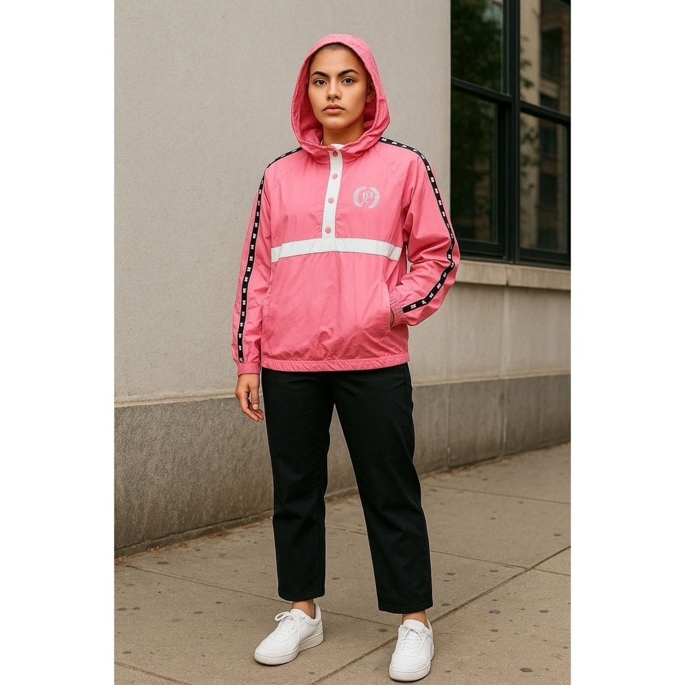 Victoria Secret Pink Women's Jacket Windbreaker Pink White Pullover Size XS/S